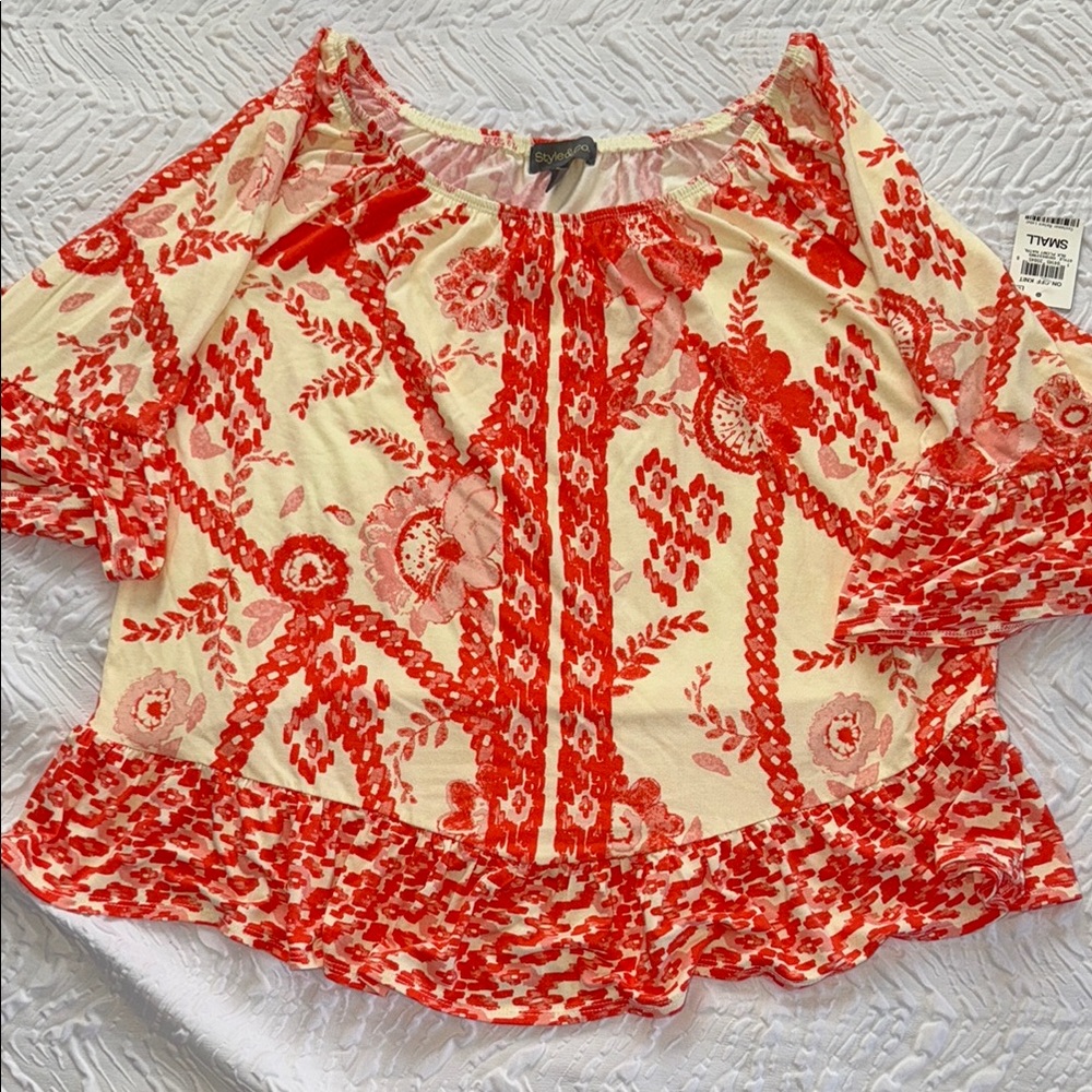 Style & Co. Red and Cream Floral Women's Top NWT S